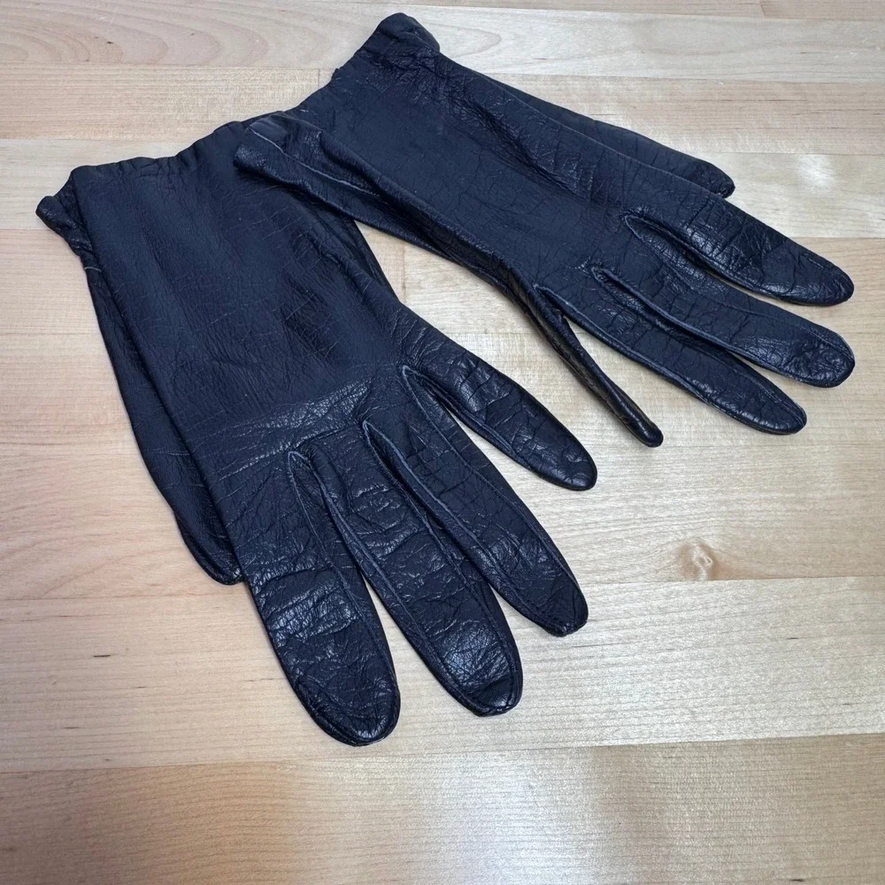 Vintage French Real Kid Black Leather Silk Lined Gloves‎ Women Size 6.5 France